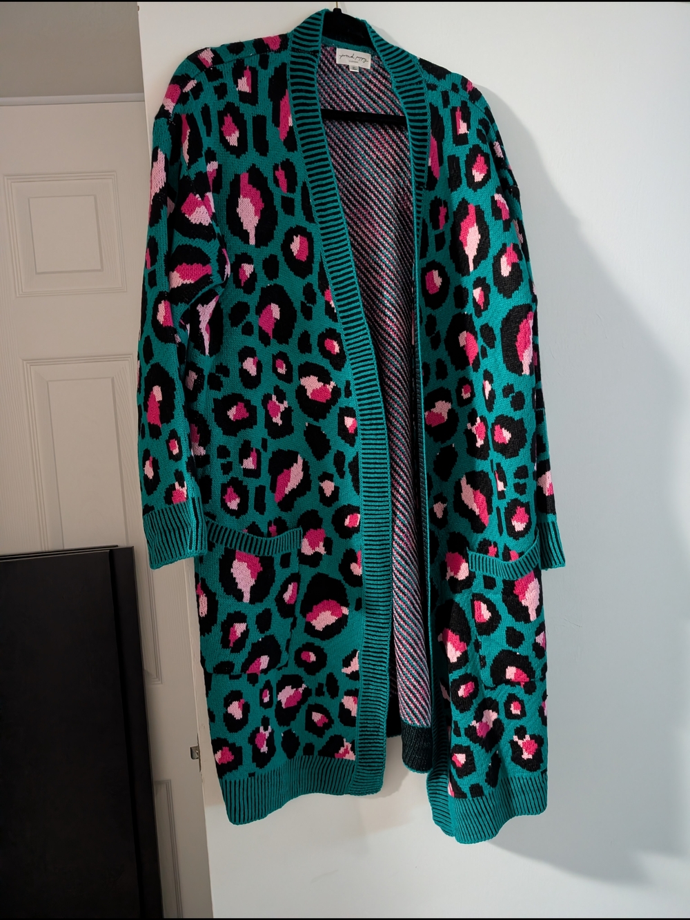 Leopard-Print Open Front Cardigan in Teal and Pink